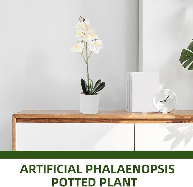 Artificial Phalaenopsis Orchid Bonsai Plant White 8-Bloom Faux Potted Flower Home Decor Indoor Fake Plant Ornament for Living Room Table Decoration