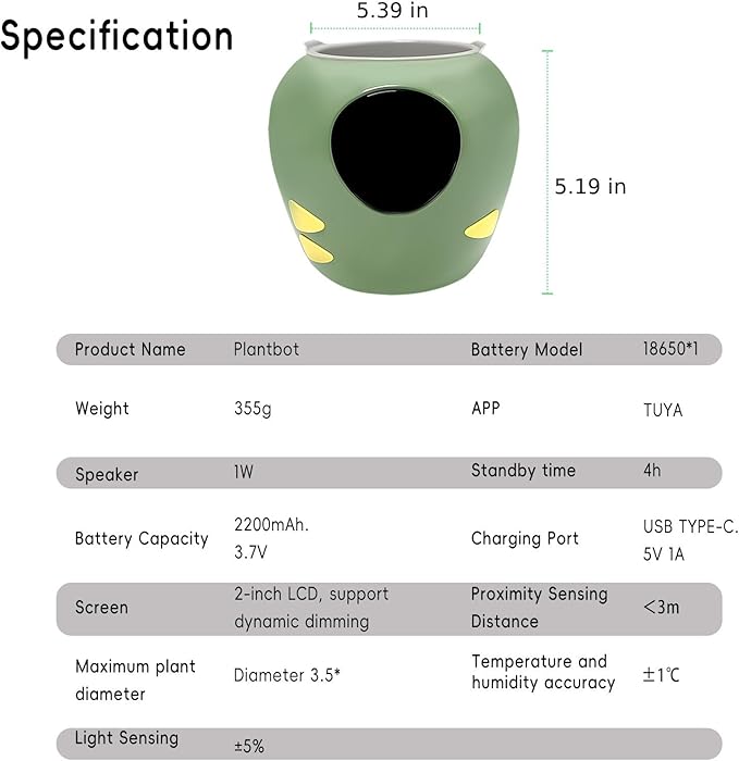 Smart Plant Pot with Expression, AI Intelligent Flower Pot for Indoor Decoration, Smart Garden Pot with Water/Light/Temperature Sensors, Ivy AI Planter (Green（Big）)
