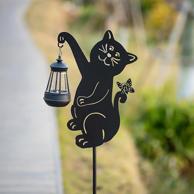 Solar Cute Cat Garden Stakes Outdoor Solar Decor Metal Cute Cat Holding Solar Lantern Decorative Garden Metal Flower Stakes Outdoor Cute Cat Silhouette Stakes