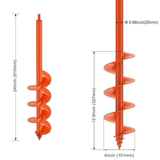 Insaga 4'' x 24'' Auger Drill Bit for Planting, Extra Long Heavy Duty Earth Auger for Post Hole Digger, 0.98'' Hollow Shank, Bright Orange Coating, Fit 3/8'' Hex Drive for Fence Post Tree Bulb Garden