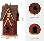 Glitzhome Bird Houses for Outside, Distressed Red Cottage Blue Bird House, 12" H Solid Wood Birdhouse Hanging Bird House for Outdoors