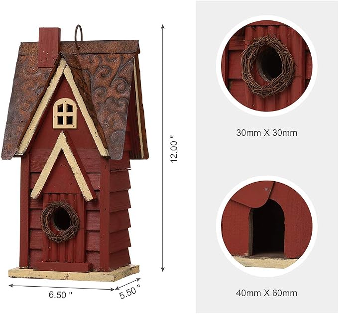 Glitzhome Bird Houses for Outside, Distressed Red Cottage Blue Bird House, 12" H Solid Wood Birdhouse Hanging Bird House for Outdoors
