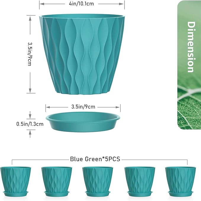 Meowell 4 inch Small Plastic Nursery Pots, 5 Pack Water Ripples Flower Pots for Indoor Plants, Plant Pots with Drainage Holes and Saucers, Seedling Starter Planters for House Plants, Blue Green