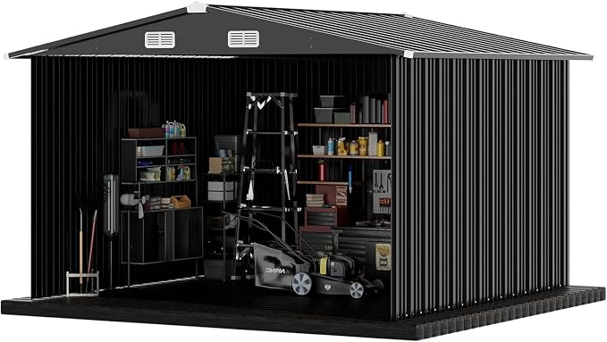 COMHOMA Shed Outdoor Storage Shed Metal,Lockable Doors Tool Sheds with Sloping Roof,Steel Garden Shed with Air Vent for Backyard,Patio,Lawn,Poolside(Grey,10'x12')