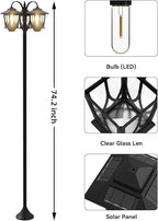 73" Aluminum Solar Lamp Post Light, 3-Head Solar Light Poles for Outside Warm White, 90Lm Dusk to Dawn Waterproof Floor Lamp for Front Yard,Garden, Pathway, Patio Replaceable Bulb