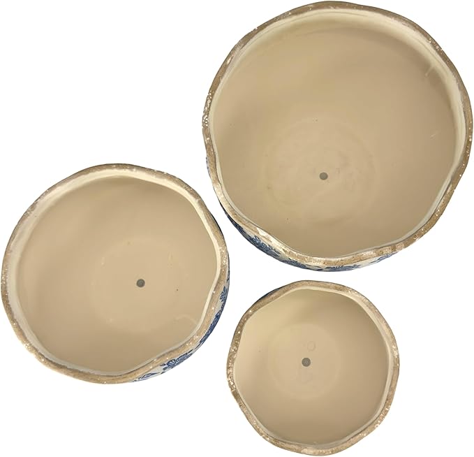 Galt International Ceramic Plant Pots Set of 3 Rustic Vintage Farmhouse Cream Crackle Glaze (11"/ 9.6"/ 7") Garden Indoor Outdoor Flower Planter w/Drainage Hole (Vintage Blue)