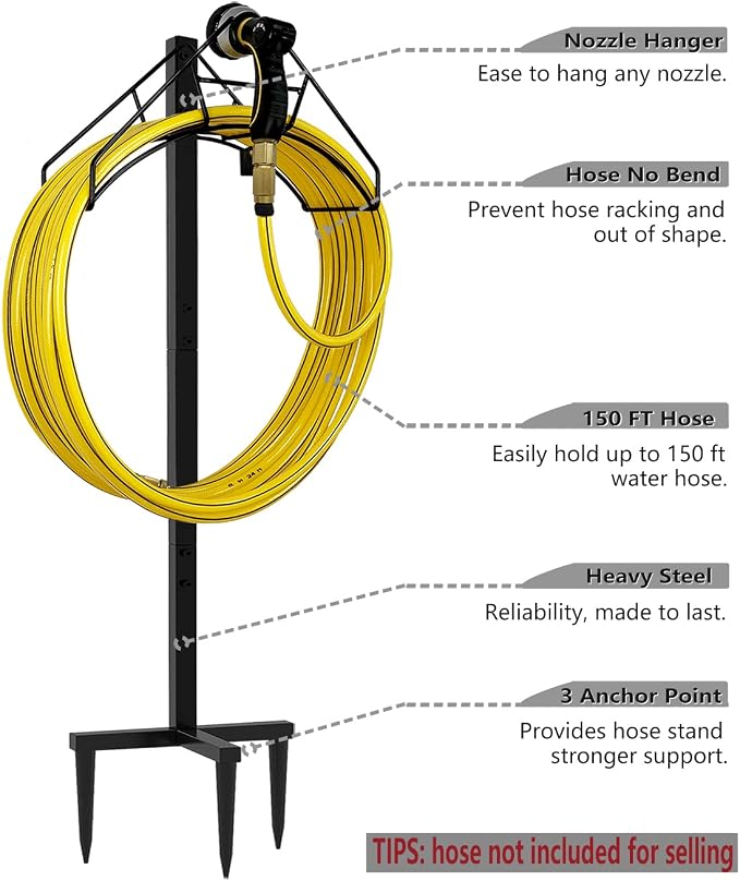 Artigarden Freestanding Garden Hose Holder Hanger, Heavy Duty Metal Water Hose Reel Storage Stand Rack for Yard Lawn, Bright Black (Hose not Included)