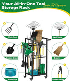 Garden Tool Organizer with Wheels, Heavy Duty 3 Tier Metal Yard Tool Storage Rack Holder with Side Hooks, Freestanding Garage Organizer for Shovels, Rakes, Brooms, Indoor Outdoor Use, Black