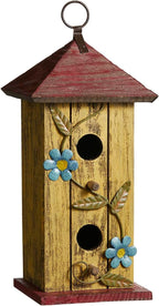 Glitzhome Bird houses for Outside,11.75"H Hand Painted Distressed Wooden Decorative Hanging Bird House for Outdoor Garden Birdhouse with 3D Metal Flower for Swallow Sparrow Hummingbird Finch Cardinals