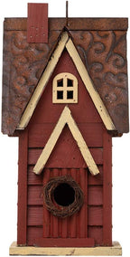 Glitzhome Blue Bird House, 12" H Solid Wood Bird House for Outside, Distressed Cottage Garden Decorative Birdhouse Hanging Bird House for Outdoors,Red