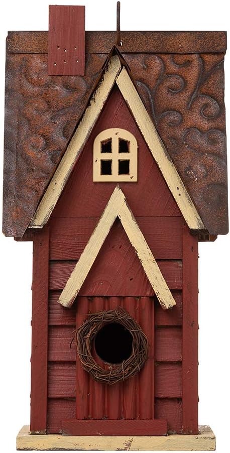 Glitzhome Blue Bird House, 12" H Solid Wood Bird House for Outside, Distressed Cottage Garden Decorative Birdhouse Hanging Bird House for Outdoors,Red