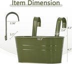3 Pack Metal Railing Planters, 10.5" Oval Hanging Flower Pots with Detachable Hooks & Drainage Holes, Fits Rails up to 2.36", Galvanized Iron Fence Bucket for Balcony Garden Patio - Green