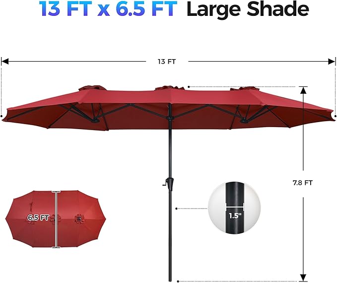 SUPERJARE 13FT Outdoor Umbrella for Patio, Double sided Pool Umbrellas with Fade Resistant Canopy, Large Table Umbrella for Deck, Market, Backyard - Burgundy(No Base)