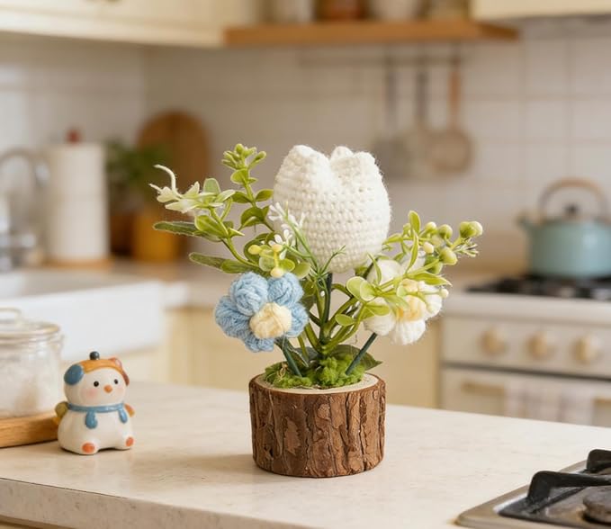 Handmade Crochet Flowers for Women Office Desk Decor, Durable Crocheted White Tulip Flower Gifts for Mom, Friends, Coworkers, Positive Knitted Flower for Christmas Home Decoration