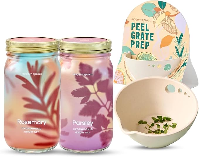Modern Sprout Garden Jar & Herb Stripper Bundle Self-Watering Herb Grow Kit w/Recyclable Mason Jar + 3-in-1 Prep Peeler & Grater Plate - Indoor Gardening - Gift for Mother's Day (Rosemary & Parsley)