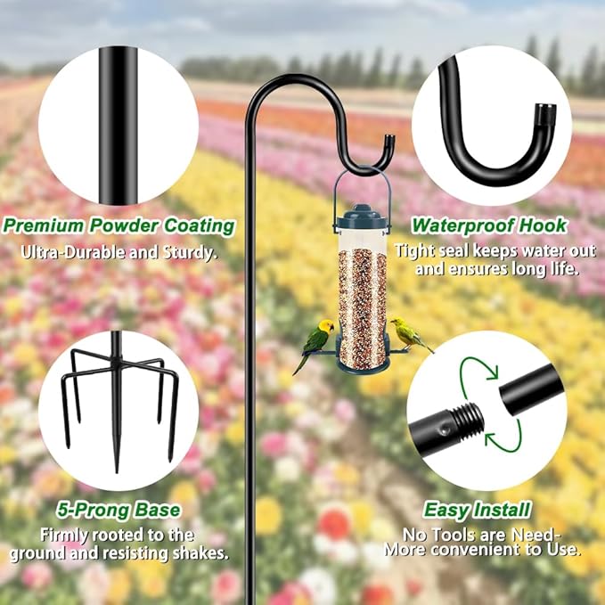 36 Inch Shepherds Hooks for Outdoor, Heavy Duty Bird Feeder Pole with 5 Prong Bases, Garden Hanging Stake for Bird Feeder, Solar Light, Plant Hanger, Wedding Decor, Metal Hanger Hooks, Black, 2 Packs