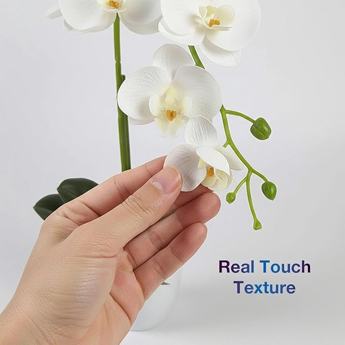 Artificial Orchid Flowers in Pot, 17" Real Touch Phalaenopsis Faux Orchid Plant (Adjustable to 20"), Large White/Pink Fake Flower Arrangement for Dining Table Centerpiece, Home Office (White)