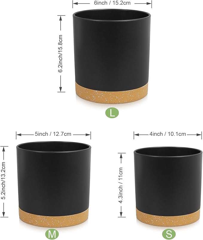 WSMKSZ 3 Pack 6/5/4 inch Cylindrical Flower Pots, Modern Small Round Plastic Plant Pots with Drainage Holes & Saucers, Clean and Refined Planter Pots for Outdoor, Indoor & Office Decor (Black Brown)