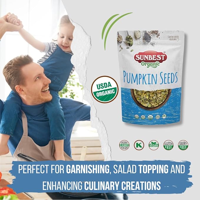 Sunbest Natural Organic Raw Pumpkin Seeds - 2 lb Bulk Bag (32 oz) – USDA Organic, Unsalted Shelled Pepita Seeds – Gluten-Free, Non-GMO, Vegan, Kosher
