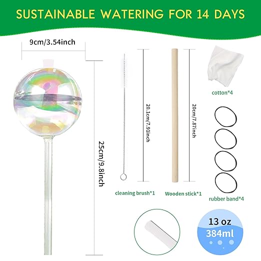 13 oz Up 2 Weeks Large Plant Watering Globes - Self Watering Bulbs for Indoor & Outdoor Plants, Glass Water Globes, Slow Watering for Plants While Away, Self Watering Planter Insert 4 Pack