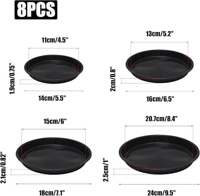 4 Size Round Plant Saucer,8 Pack Pant Pot Trays, Plant Saucers for Indoors and Outdoors, Seed Starting Tray, Growing Trays,Black（4",5",6",8"）