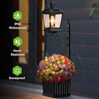 2 in 1 Outdoor Flower Pots for Real or Fake Flowers, Solar Lamp with Planter Base, 27” Wall Mount Decorative Light for Front Porch, Waterproof LED Light for Garden, Patio, Backyard