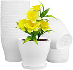 Meowell 6 inch Plastic Nursery Pots, 16 Pack Plant Pots for Small Indoor Outdoor Plants, Flower Pots with Drainage Holes and Saucers, Decorative Seedling Starter Planters for House Plants, White