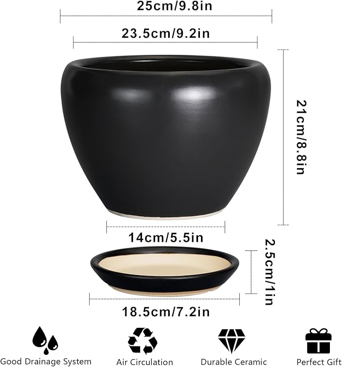 Ceramicfor Ceramic Pot for Plants - 10 Inch Plant Pot Indoor with Drainage Hole and Saucer Large Planter Decorative Planter Modern Outdoor Flower Pot for House Balcony Black