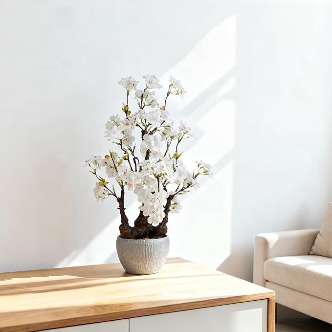 TOARTi Artificial White Cherry Blossom Potted Plant with Stone Pot, 17.7" Bonsai Tree Fake Flowers Faux Plants Desk Plant, Realistic Plants Indoor Decor for for Home Bedroom Bathroom Office Desk