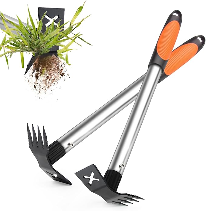 NICOFPHY Weed Puller Tool 2 Pack, 2 in 1 Manual Weeding Rake and Garden Hoe, 17" Uprooting Weeder Remover Tool for Yard Lawn Patio and Garden, Portable Gardening Hand Tools for Veggies Flower Planting
