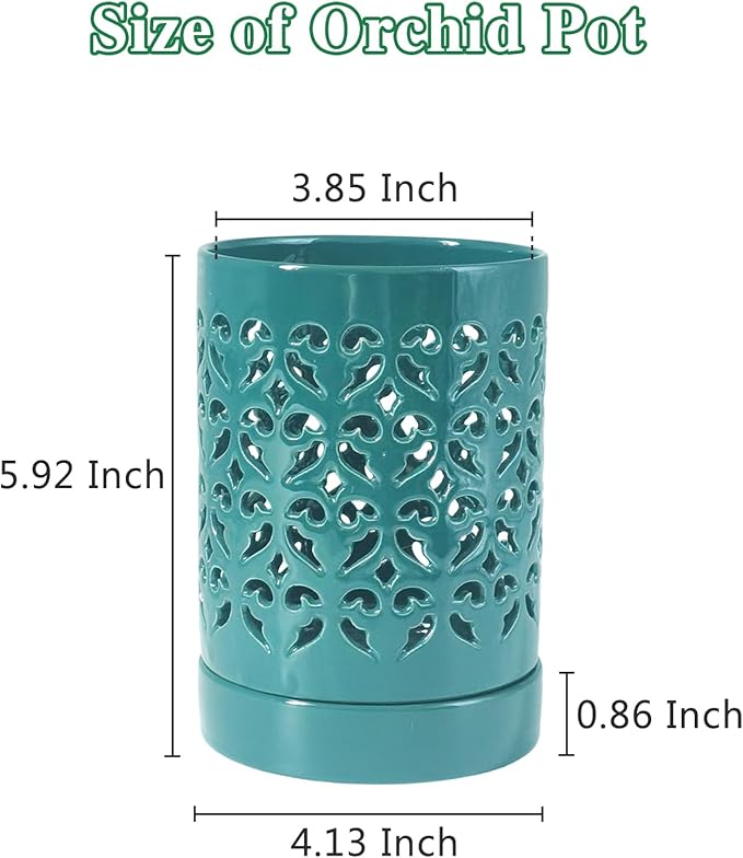 Orchid Pots with Holes 4 Inch 2 Pack, Ceramic Orchid Pot for Repotting with Saucers,More Ventilation Hole Easy Breathing, Plant Pot for Repotting Orchids, Green and White