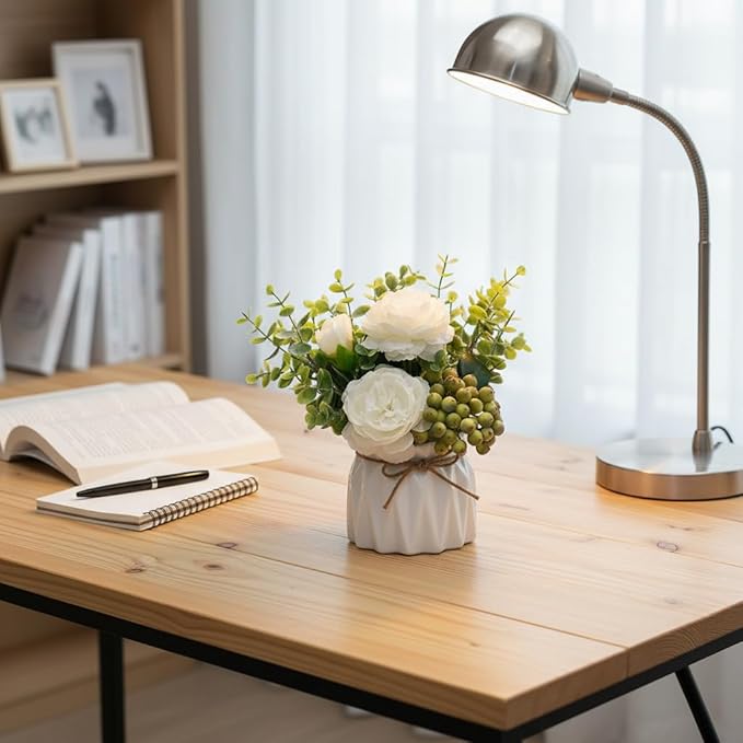LADADA Artificial Flowers with Vase – White Peony Fake Floral Arrangement with Eucalyptus Leaves and Green Berries for Tabletop Decor, Bathroom, Bedroom, Office Desk Decor