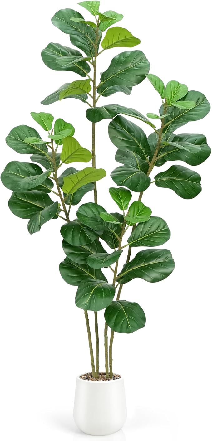 Artificial Fiddle Leaf Fig Tree with White Planter,6ft Tall Fake Plants with 4 Trunk,Faux Fig Trees Floor Plant in Pot,Fake Ficus Lyrata Trees for Indoor Living Room Bedroom Office Housewarming Gift