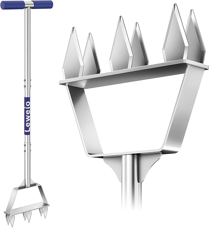 Manual Lawn Aerator Spike Tool, Semi-Assembled, Non-Clogging Spike Aerator with 6 Steel Spikes, Ergonomic Handle & Reinforced Welding for Compacted Soil Loosening & Yard Aeration - Blue