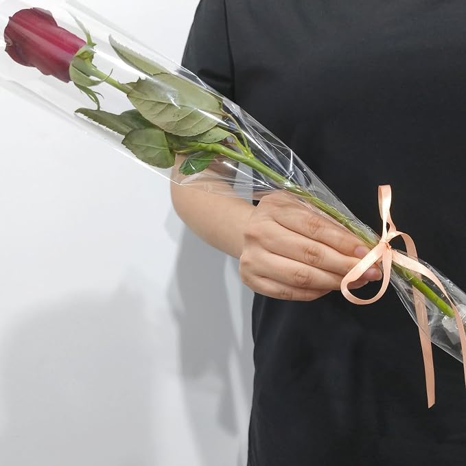 AKLVBL Flower Sleeves for Bouquets 100 Pcs Clear Single Rose Sleeve with 100 Pcs Floral Water Tubes for Bouquets and 40 Yards Light Pink Ribbon for Gift Wrapping for Gift, Florist, DIY, Wedding, Festival