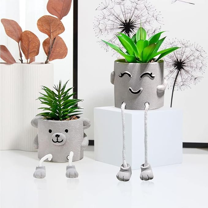 Zerzsy Fake Desk Plants in Cement Pots, Faux Plant Succulents Shelf Decorations, Funny Artificial Succulent Plants for Office Desk Decor, Cubicle Accessories - Set of 2