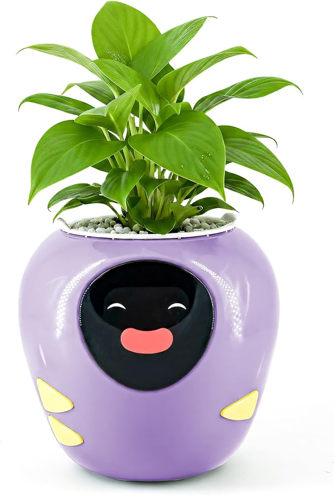Plantbot Upgraded Large Smart Flower Pot Pet Planter Robot with Artificial Intelligence, Time Temperature Display, and Numerous Expressive Animations Based, for Indoor Decoration, Gifts (Purple)