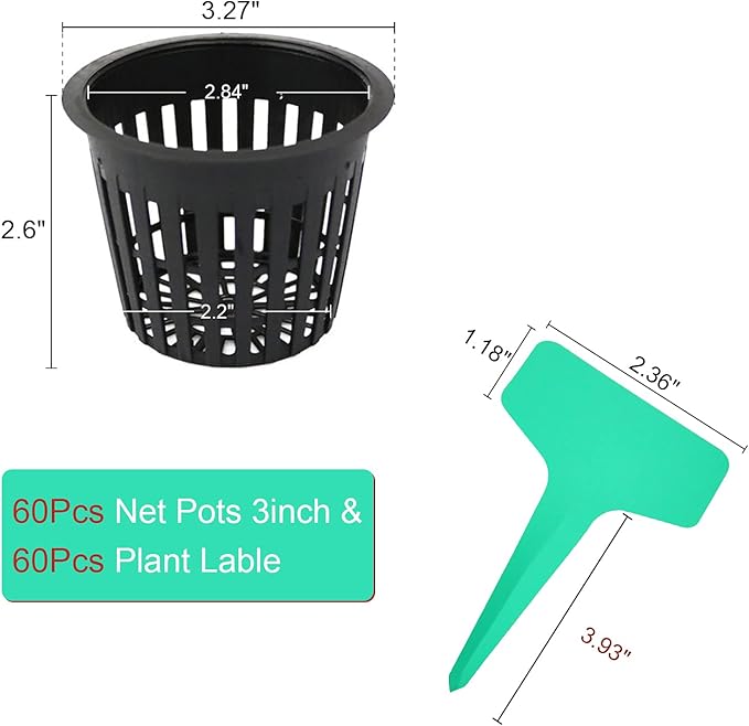 3 Inch Net Pots for Hydroponics 60 Packs with Plant Labels 60Pcs Heavy Duty Wide Mouth Net Cups Slotted Mesh Pot Garden Supplies (3 inch 60 Packs)