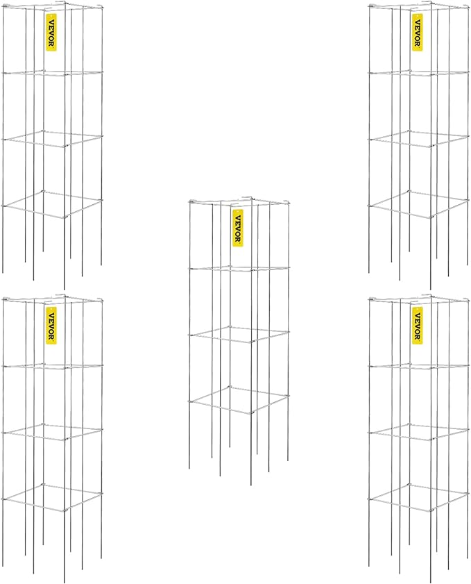 VEVOR Tomato Cages, 11.8" x 11.8" x 46.1", 5 Packs Square Plant Support Cages, Silver PVC-Coated Steel Tomato Towers for Climbing Vegetables, Plants, Flowers, Fruits