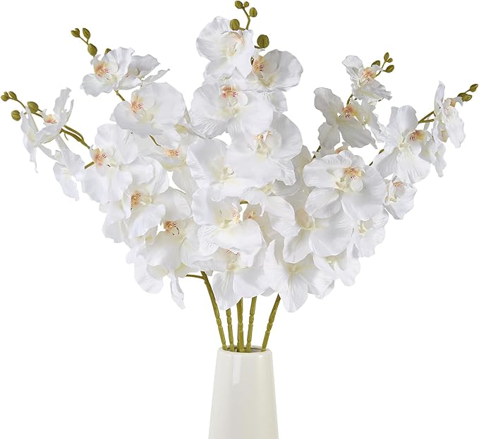 6 Pcs Artificial Orchid Stems 33.5" Tall 9 Large Petals Fake White Phalaenopsis Flower Arrangements for Home Wedding Living Room Table Centerpiece Office Table Decor White