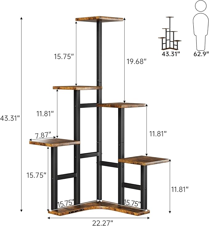 Yzosvki Corner Plant Stand Indoor Set of 2, 6 Tiered Corner Plant Shelf Flower Stand for Multiple Plants, Plant Shelves Organizer Rack, Square Rustic Brown