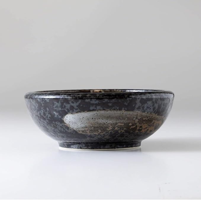 Wazakura Minoyaki Series Small Round Glazed Ikebana Flower Vase Made in Japan, Handpainted Floral Arrangement Pottery Supplies - Black with Brown White Brush