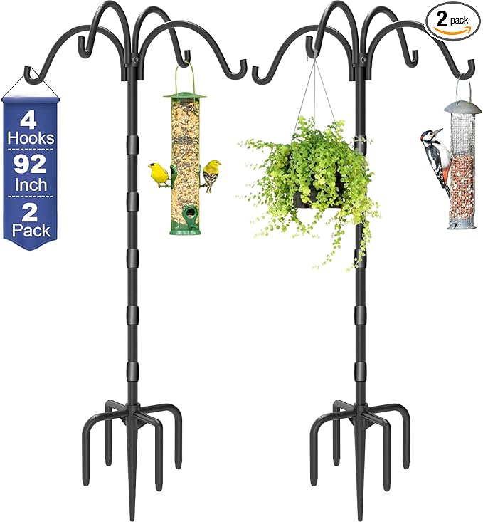 Upgrade 4-Hook Shepherds Hooks for Outdoor with Plastic Tube, 92" Heavy Duty Bird Feeder Pole with 5 Prongs Base, Adjustable Garden Hook for Solar Light, Hanging Plant, Wedding Decor, 2 Pack