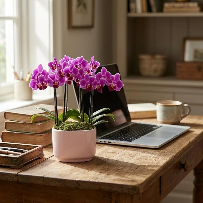 Green Circle Growers 4IN Duo Magenta Orchid in Pink Ceramic Pot | Live Orchid Planter Duo | Modern Colorful Indoor Plant