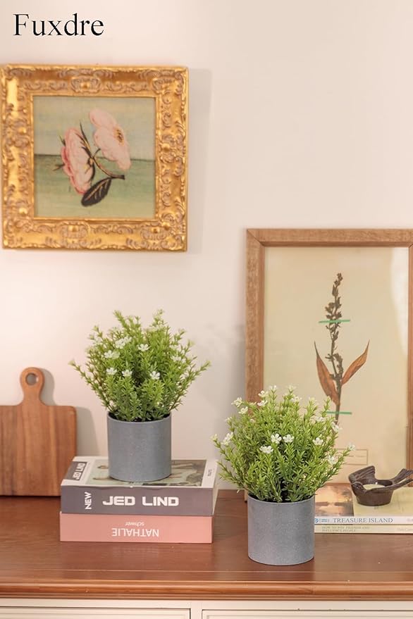 2 Pack Small Desk Plants, Artificial Bathroom Plants Decor with Thyme Flower in Vintage Melamine Pots, Faux Plants Indoor for Shelf Decor in Home Office, and Spring Decor (Ivory)