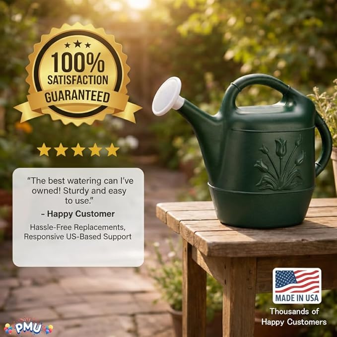 PMU 2 Gallon Watering Can - Garden Watering Can for Indoor & Outdoor Plants - Plastic Water Can with Detachable Sprinkler Head - Large Water Pot, Made in USA - Hunter Green Pkg/6
