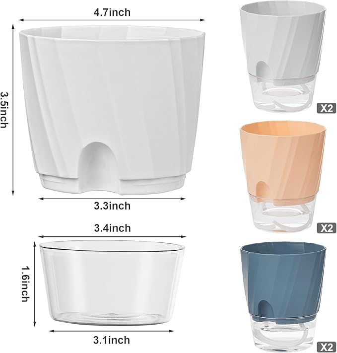 KIMCHOMERSE Self Watering Plant Pots 4.7 Inch, 6 Pack Indoor Planters with Drainage Holes & Saucers, Decorative Flower Pots for Home Office Decor (2 White, 2 Pink, 2 Blue)