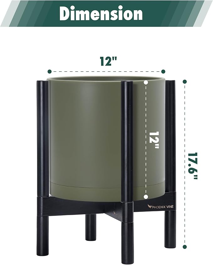 D'vine Dev Planter Pot with Stand - 12 Inch Plastic Cylinder Flower Pot with Wood Planter Holder for Indoor, Olive Pot + Ebony Stand, 55-C-Q-3