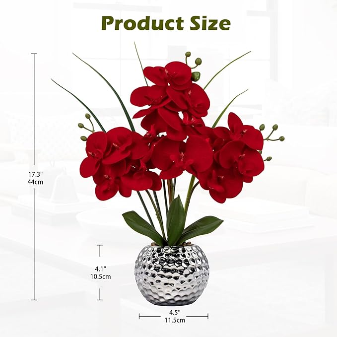 Briful Orchid Artificial Flowers 20'' Red Faux Orchid Flowers with Silver Vase Fake Phalaenopsis Silk Flowers for Home Office Dinning Room Kitchen Table Centerpiece Decor