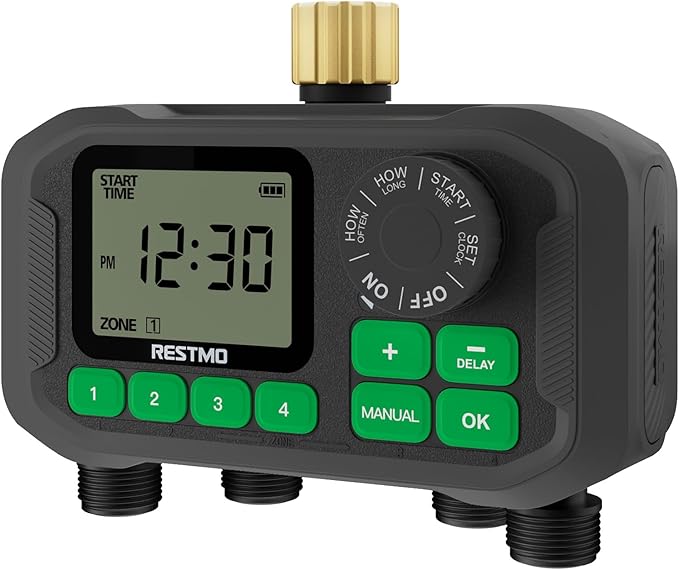 RESTMO Sprinkler Timer for Outdoor Hose Faucet 4 Zone, Up to 11h59m Programmable Watering Timer for Soaker Hose, Misting with Brass Inlet & Large Dial, Rain Delay/Manual/Automatic Irrigation System